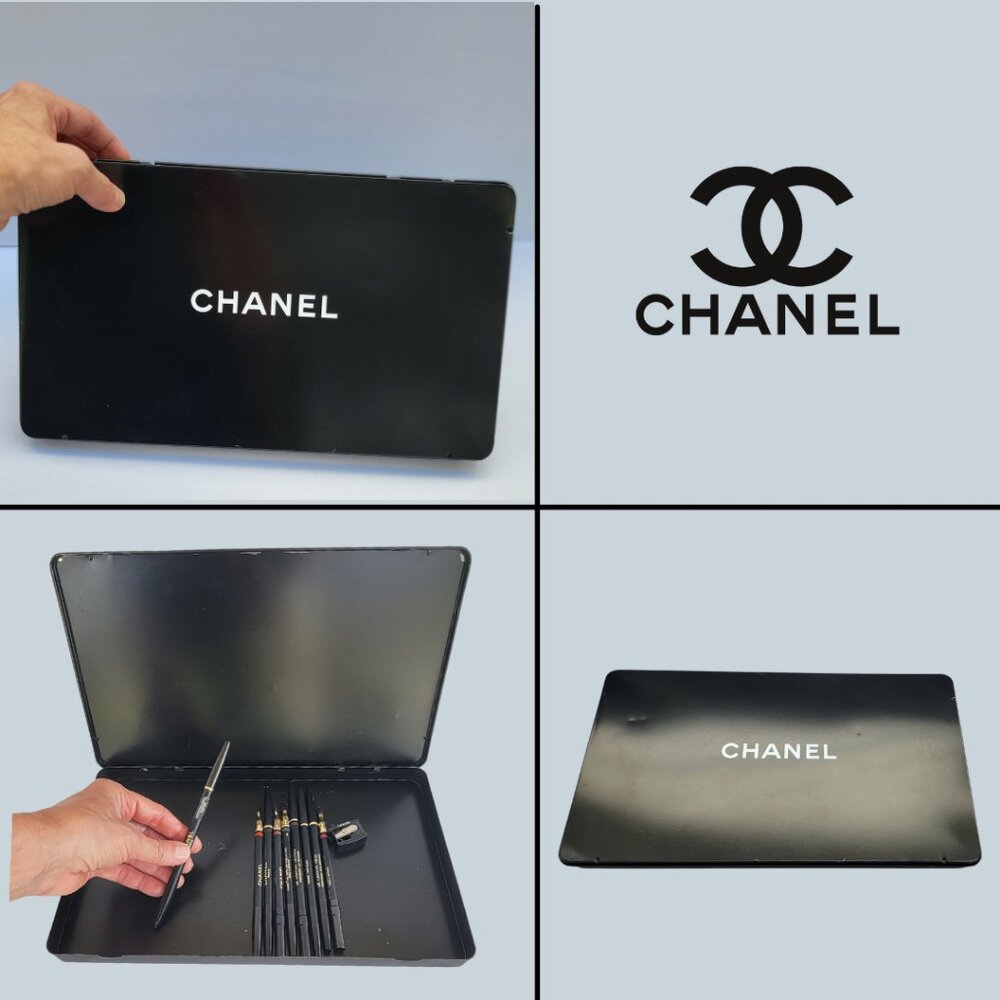 CHANEL VINTAGE METAL MAKEUP BOX TIN, BLACK, WHITE CHANEL LOGO 12" x 7" x 3/4"